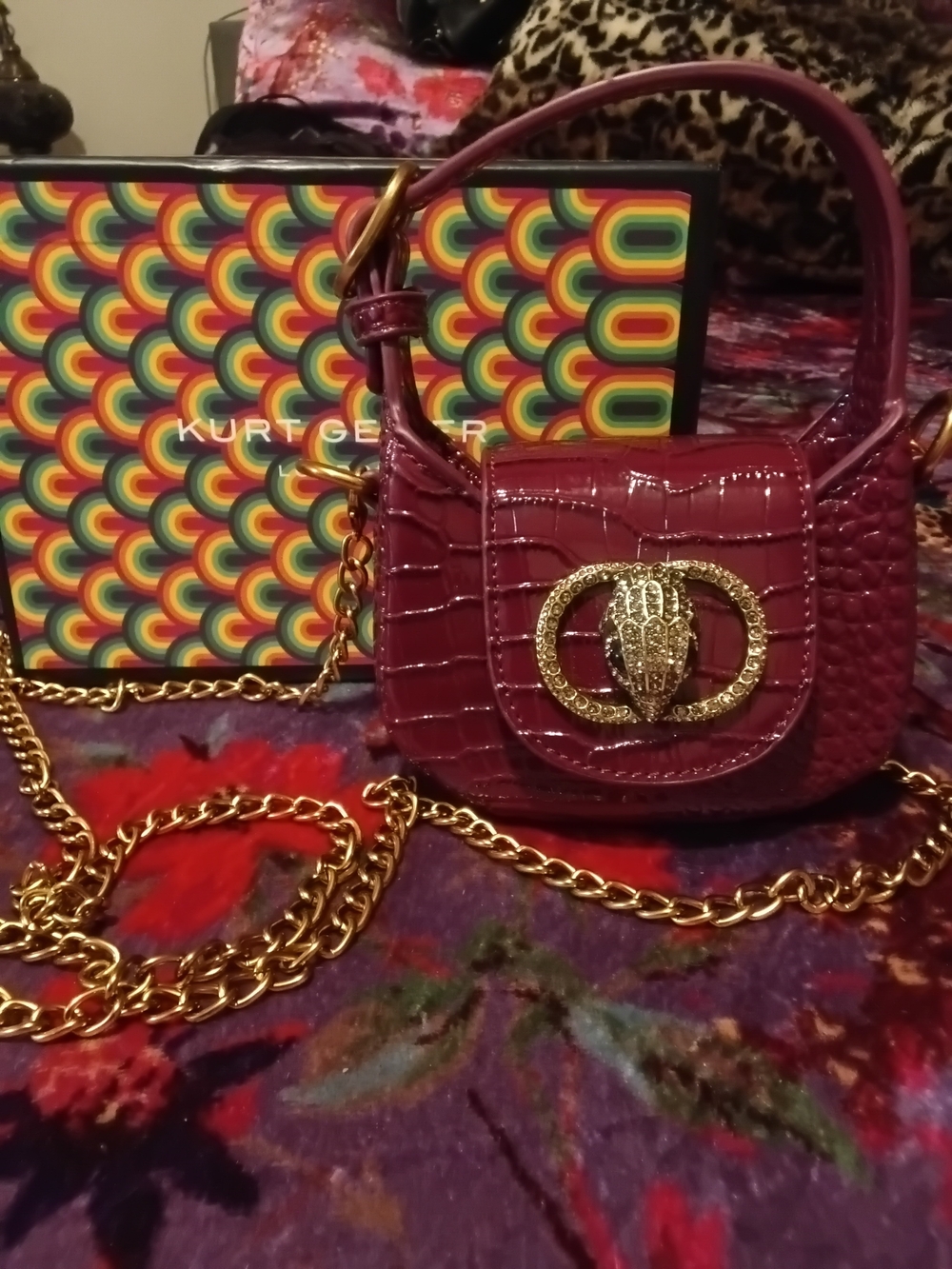 Kurt Geiger Wine Croc-Embossed Mini Shoulder Bag with Gold Hardware